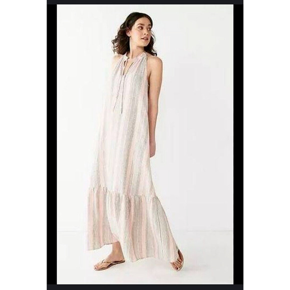 Nine West Linen Tiered Peasant Maxi Dress Halter Striped Cottage Coastal Chic S - Picture 2 of 16